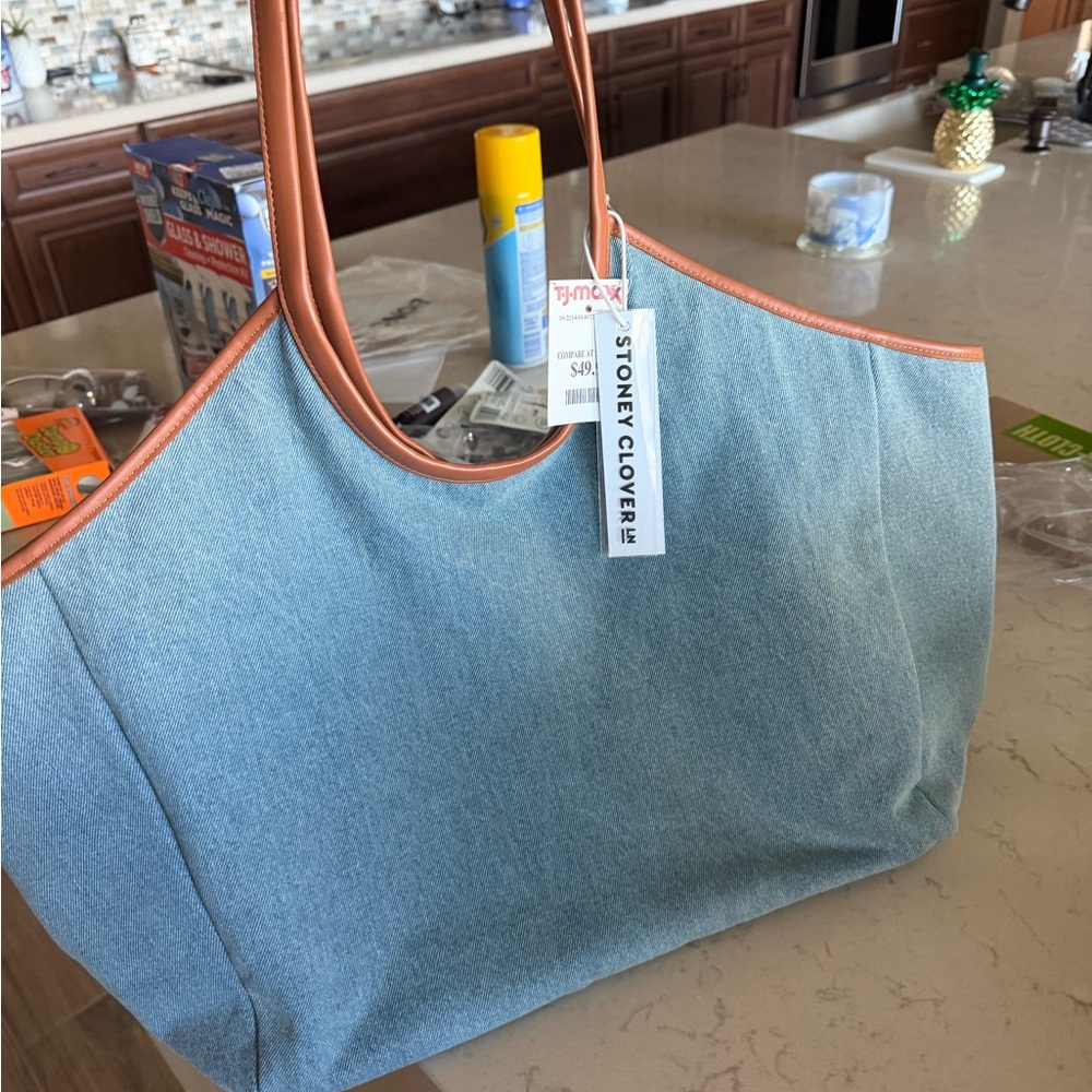 Stoney Clover Lane Light Blue Denim Tote with Tan Handles